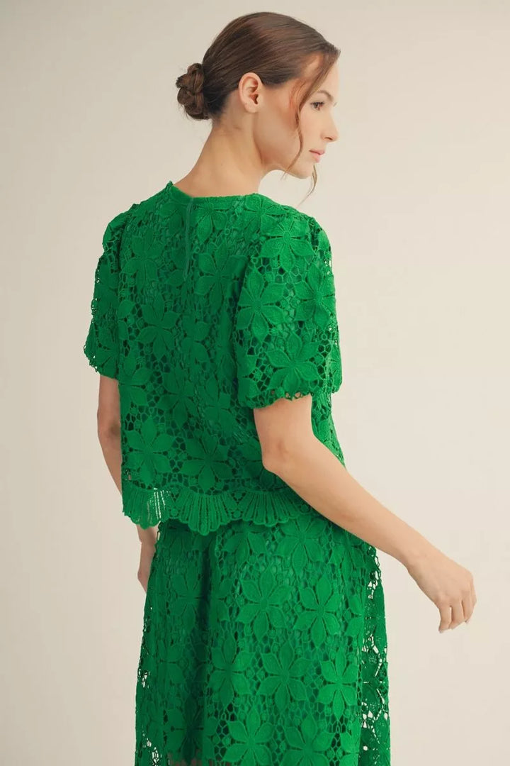 Green Lace Puff Sleeve Blouse