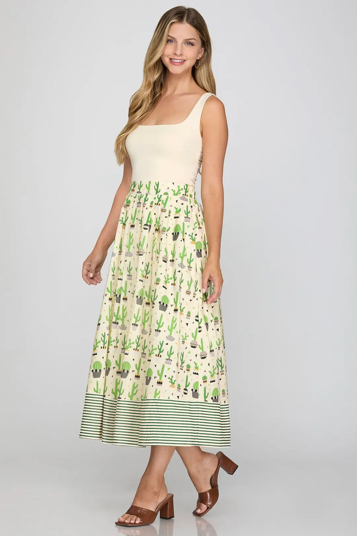 Cacti Print Midi Skirt