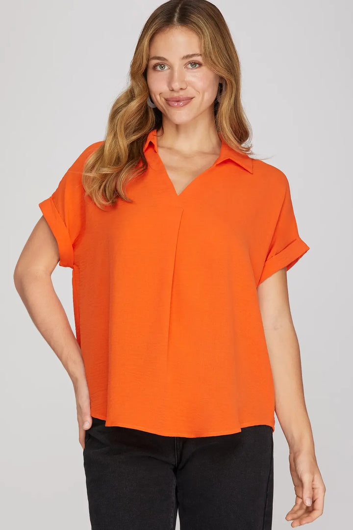 Collared V Neck Basic Blouse