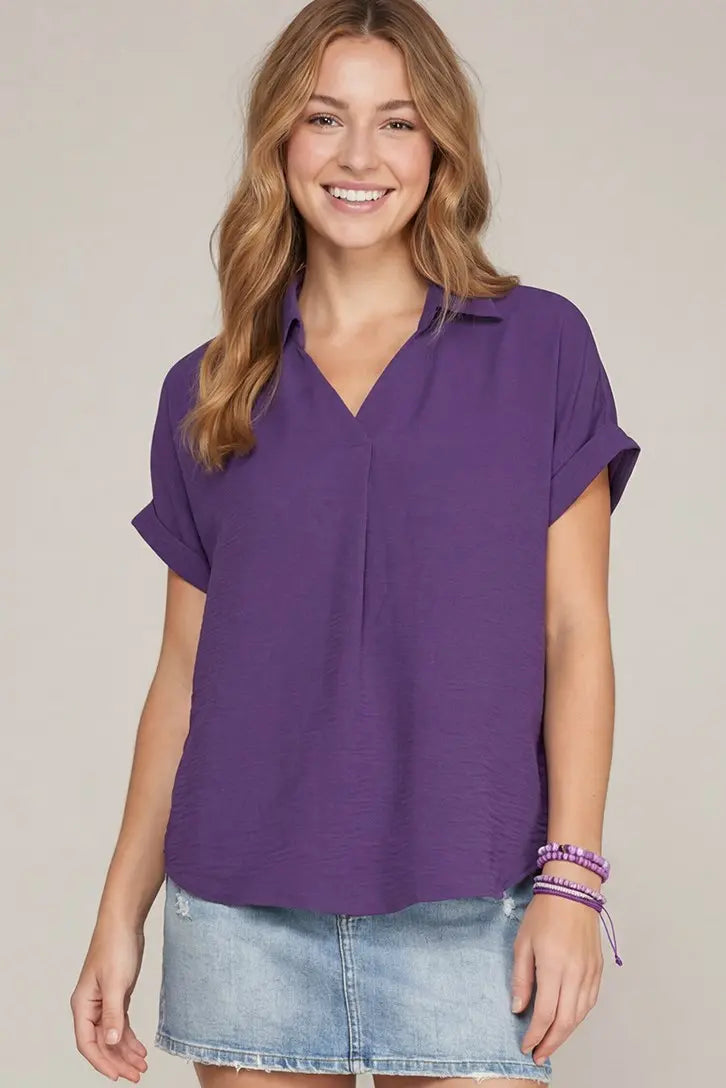 Collared V Neck Basic Blouse