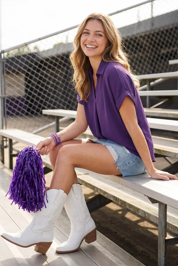 Collared V Neck Basic Blouse