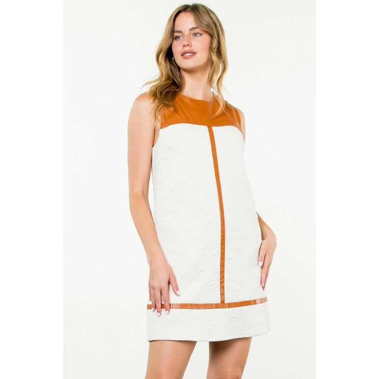 Cream Textured &amp; Burnt Orange Pleather Dress