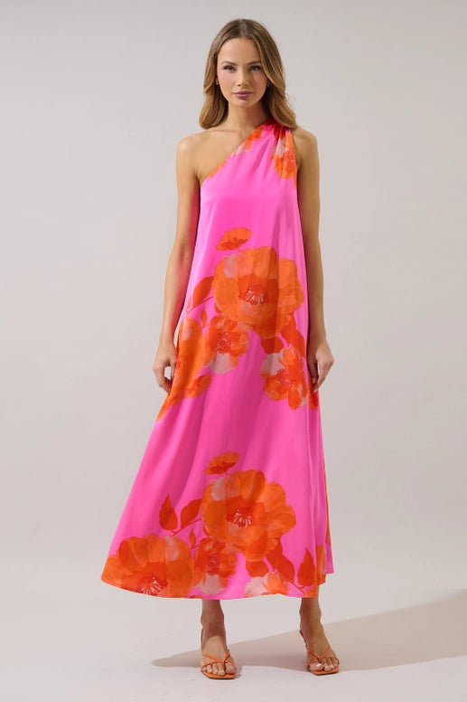 One Shoulder Pink &amp; Orange Maxi Dress satin resort wear summer boutique