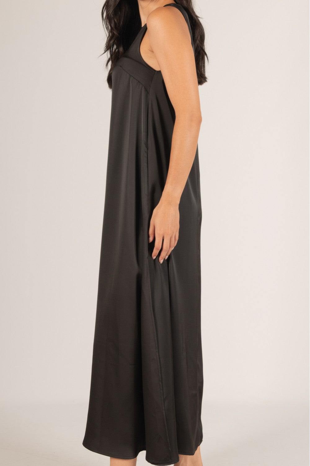 A-Line Satin Maxi Dress black color silky floor length dress with slits and pockets