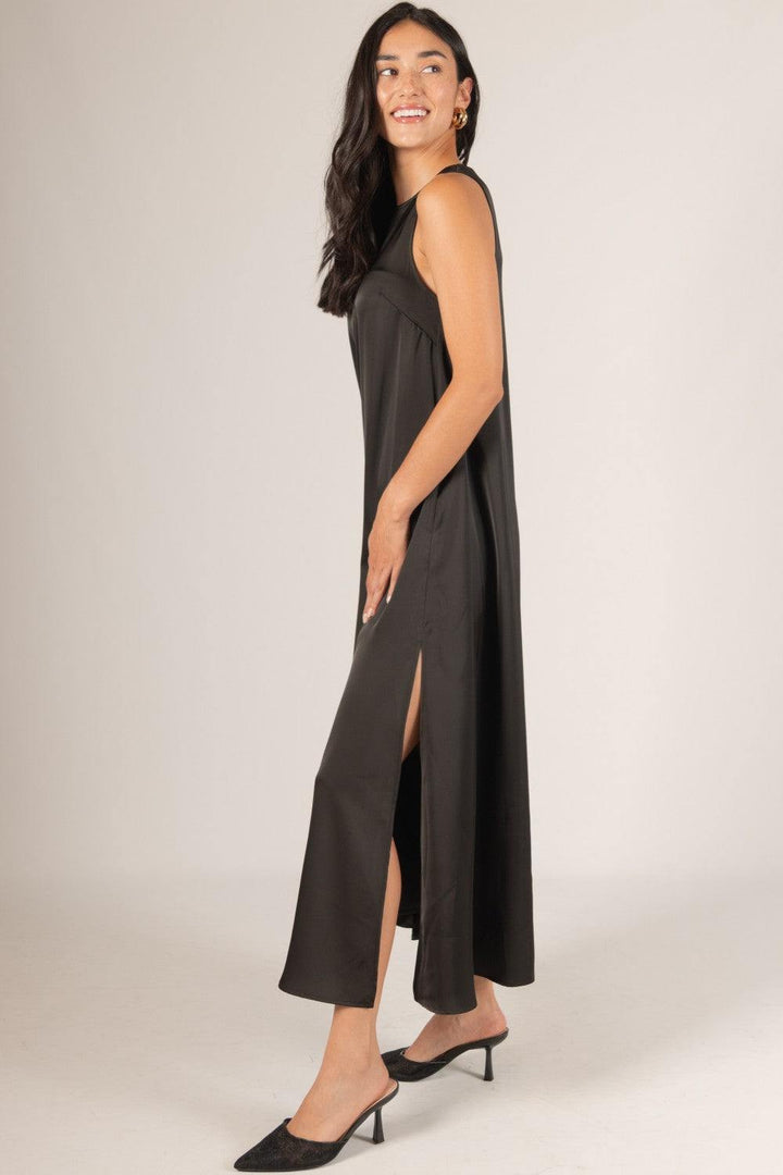 A-Line Satin Maxi Dress black color silky floor length dress with slits