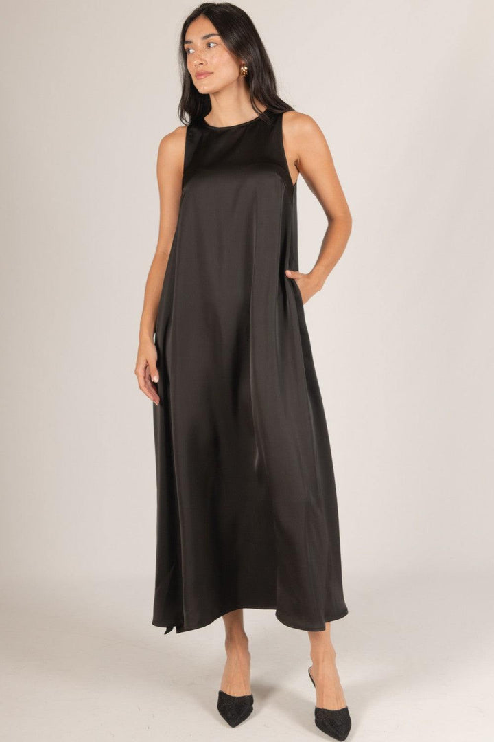 A-Line Satin Maxi Dress black color silky floor length dress with slits and pockets