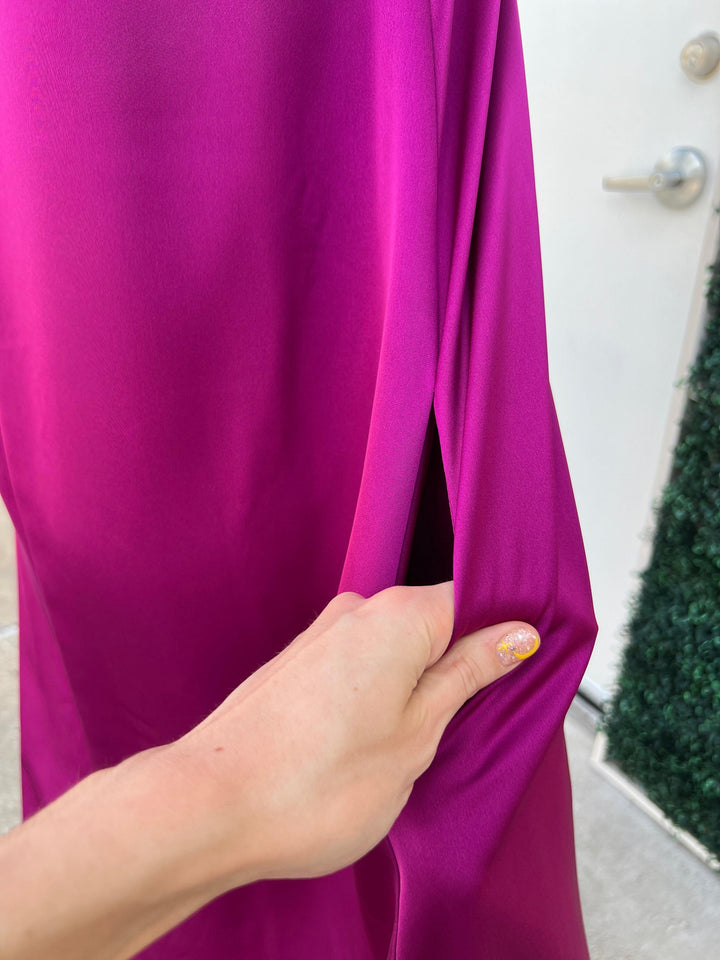 A-Line Satin Maxi Dress raspberry color silky floor length dress with slits and pockets
