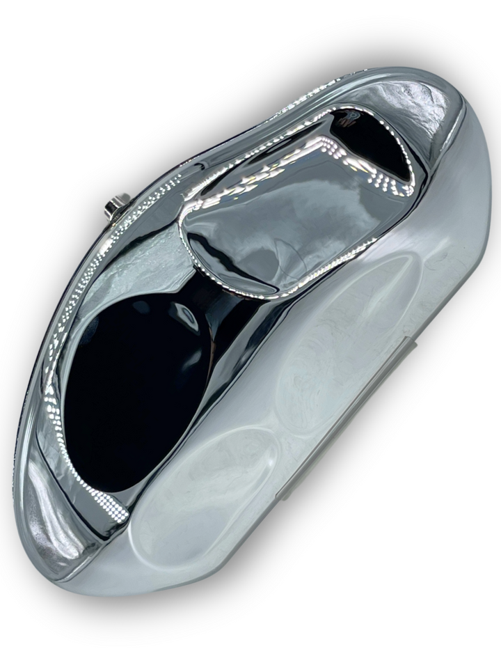 Abstract Oval Acrylic Clutch silver with crossbody chain fits an iphone