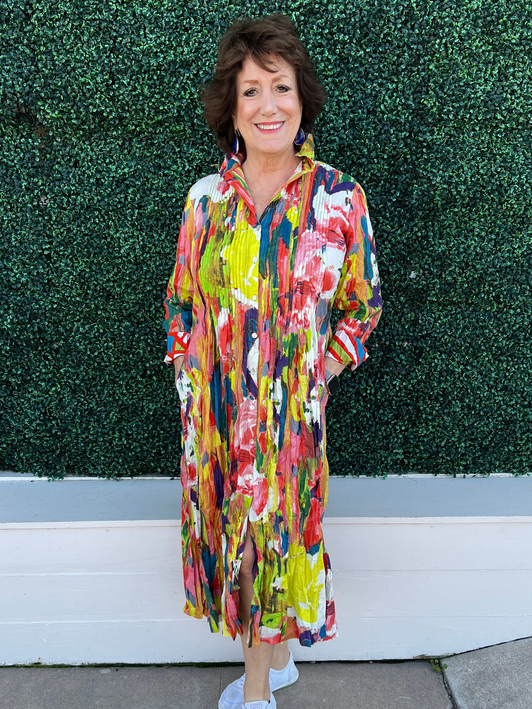 Abstract print colorful Pleated Maxi Dress textured cotton