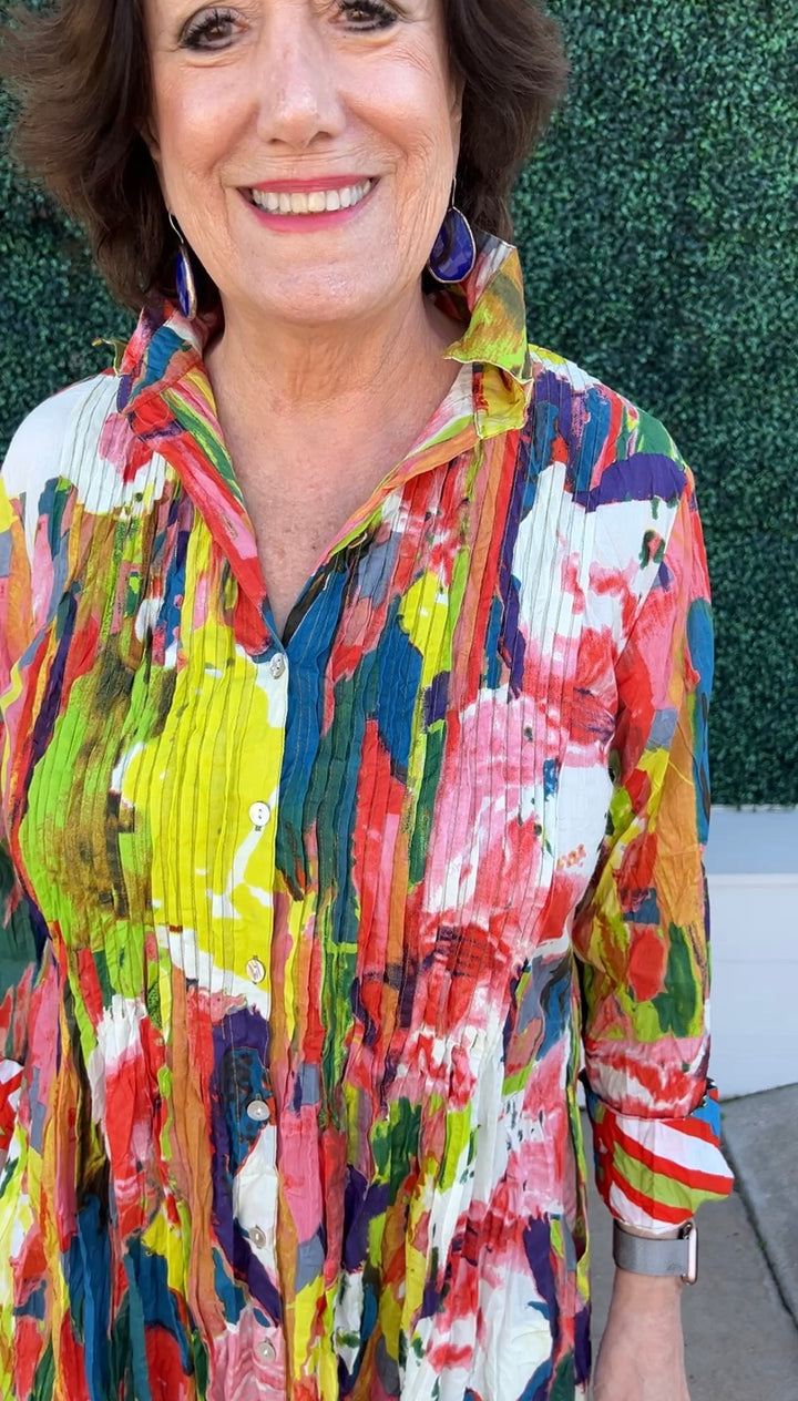 Abstract print colorful Pleated Maxi Dress textured cotton dress addict brand boutique