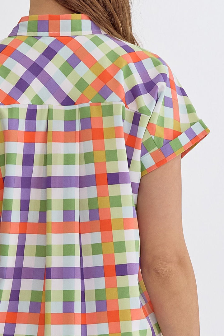 Checker Board Print Shirt Dress purple white green and orange cap sleeve