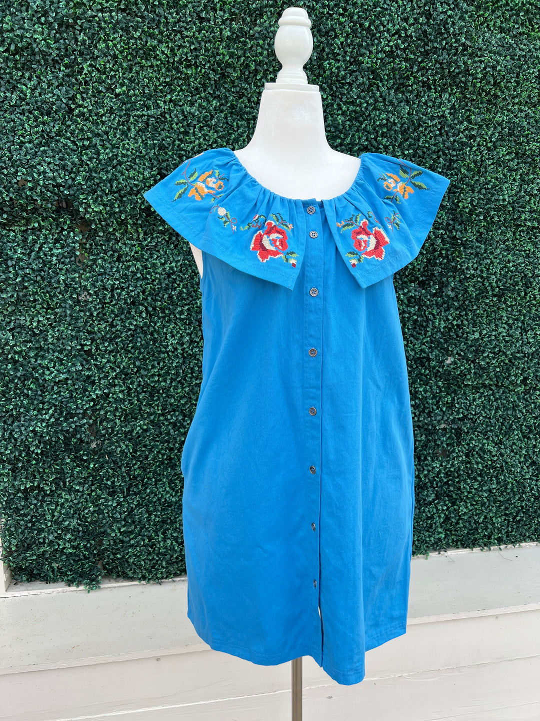 Bib Collar Floral Turquoise Embroidered Dress