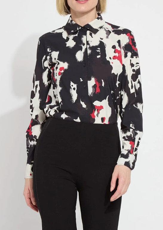 Black &amp; White and red Abstract Print Button Up Microfiber 75% nylon 25% Spandex  4-way stretch Microfiber Wrinkle Resistant Slim fit