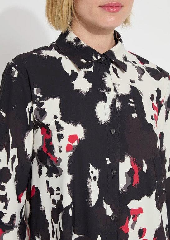 Black &amp; White and red Abstract Print Button Up Microfiber 75% nylon 25% Spandex  4-way stretch Microfiber Wrinkle Resistant Slim fit