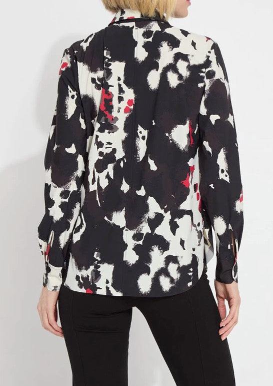 Black &amp; White and red Abstract Print Button Up Microfiber 75% nylon 25% Spandex  4-way stretch Microfiber Wrinkle Resistant Slim fit