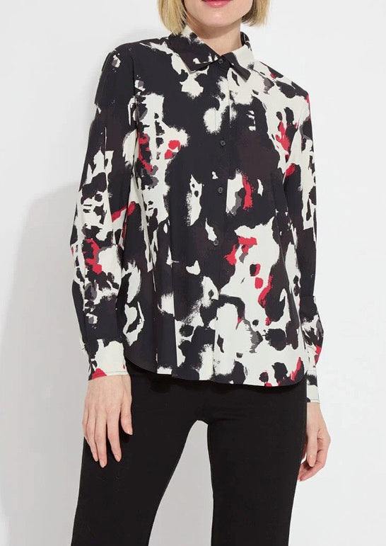 Black & White and red Abstract Print Button Up Microfiber 75% nylon 25% Spandex  4-way stretch Microfiber Wrinkle Resistant Slim fit