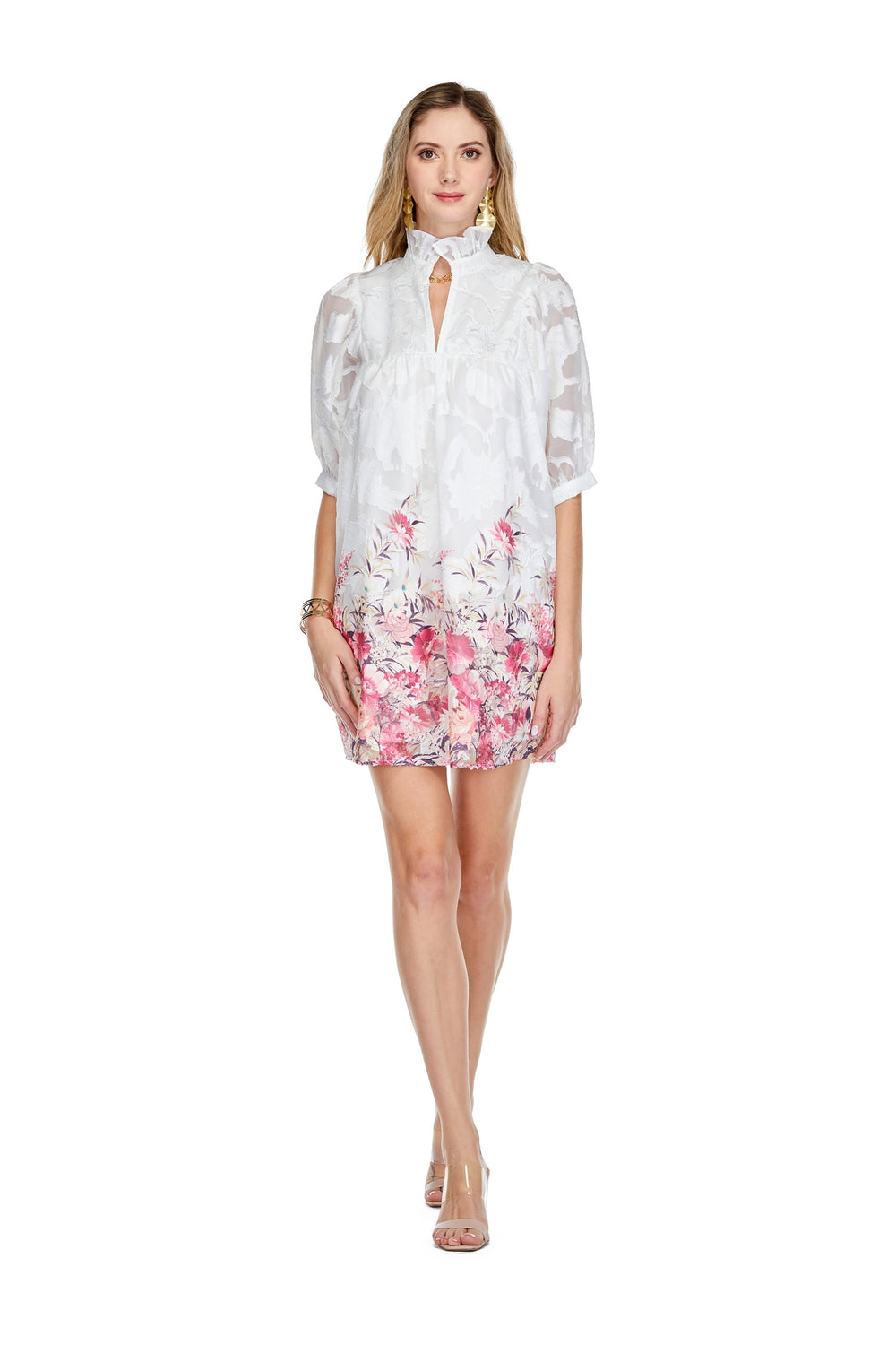 Blooming Floral Skies Dress High End Women's Online Boutique puff sleeves on model