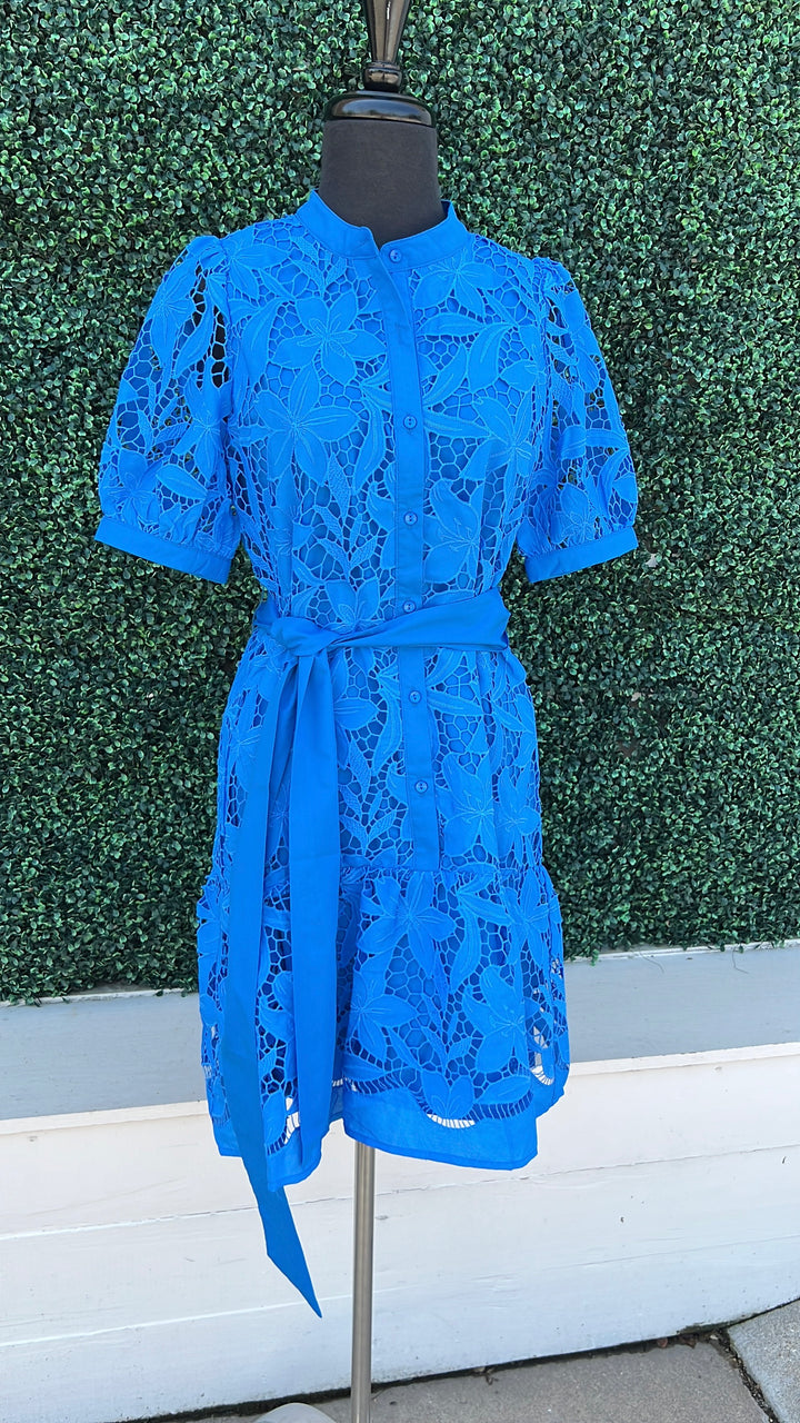 Blue Lace Button Down Dress High End Women&