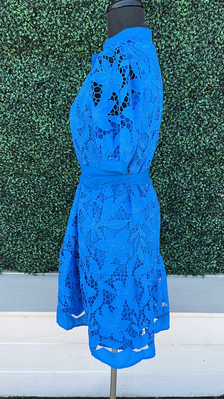 Blue Lace Button Down Dress High End Women&