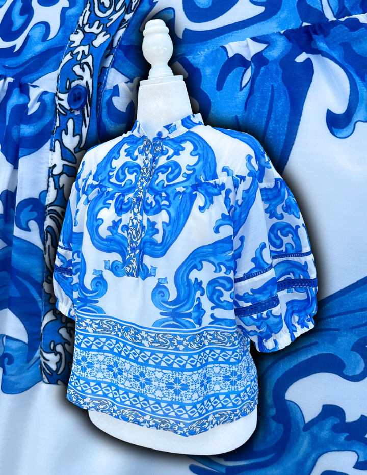 Blue and White Drop Puff Top High End Women&