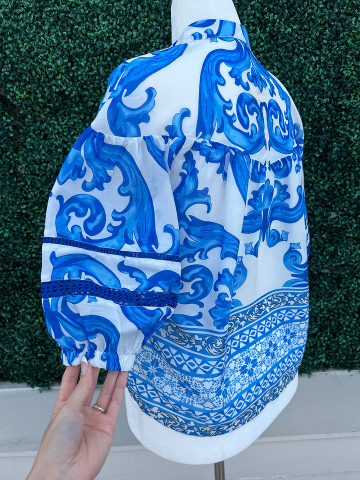 Blue and White Drop Puff Top High End Women&