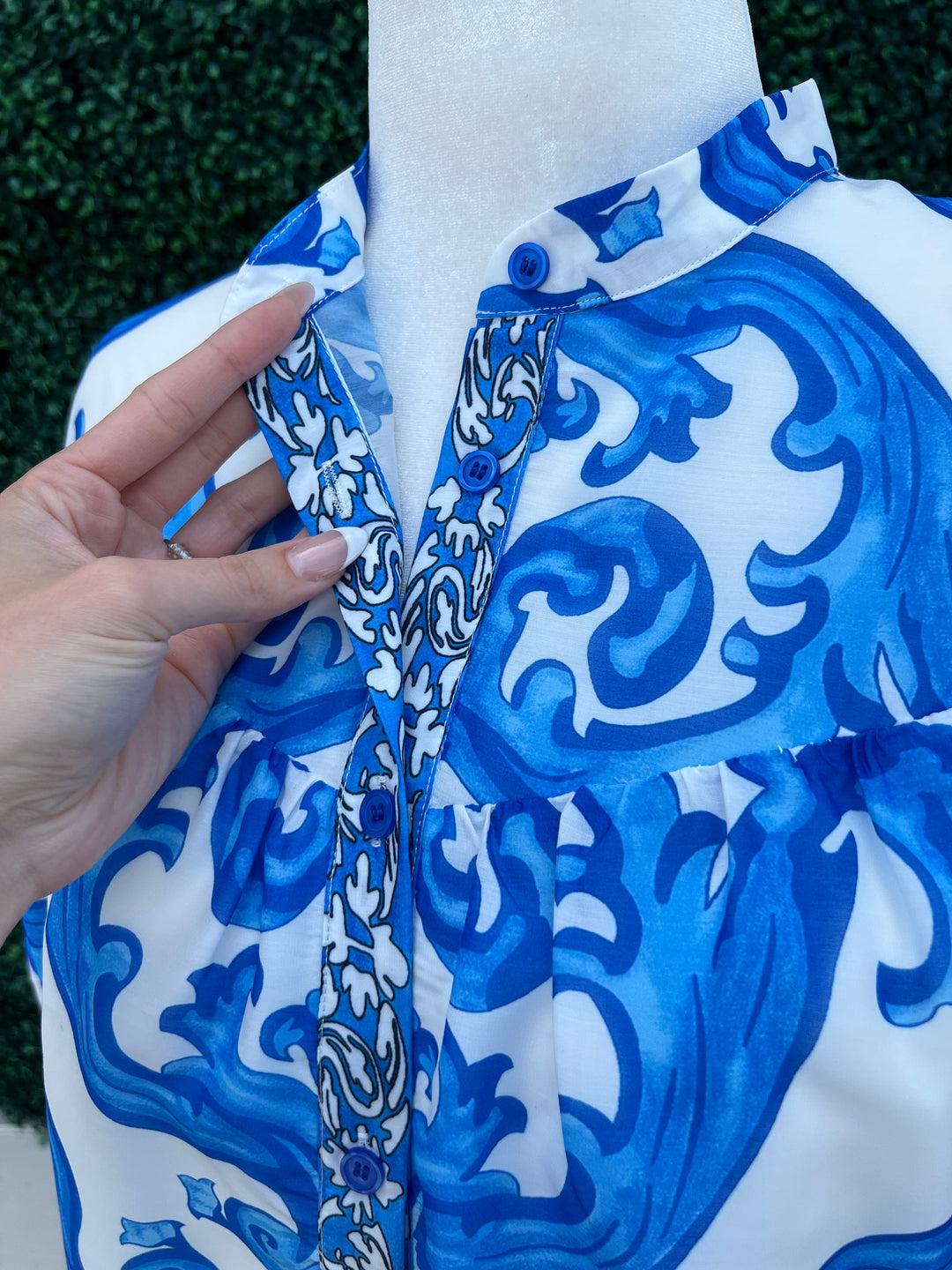Blue and White Drop Puff Top High End Women&