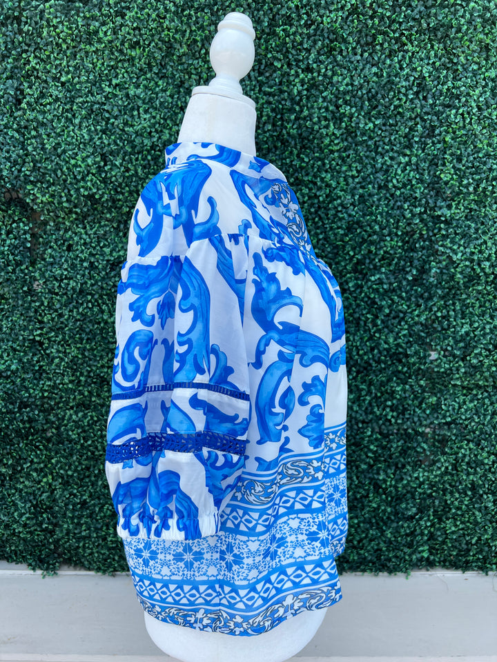 Blue and White Drop Puff Top High End Women&