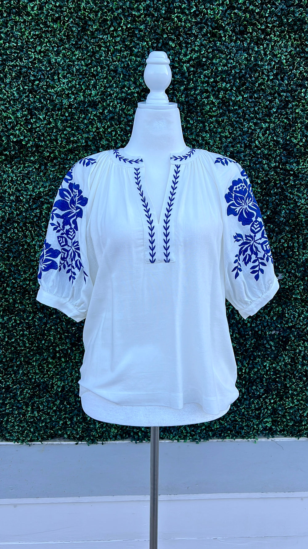 Blue and White Embroidered Blouse THML Brand Women's Boutique toile