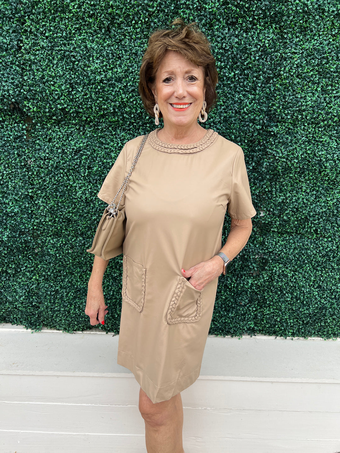 Braided Taupe Pleather Dress at trendy dress shop tres chic boutique