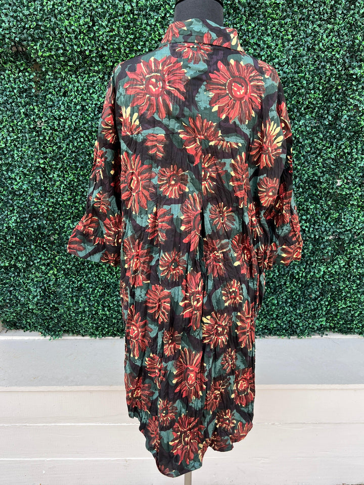 Button-down floral print SALI 100% cotton shirt dress addict fall 2024 collection green and maroon