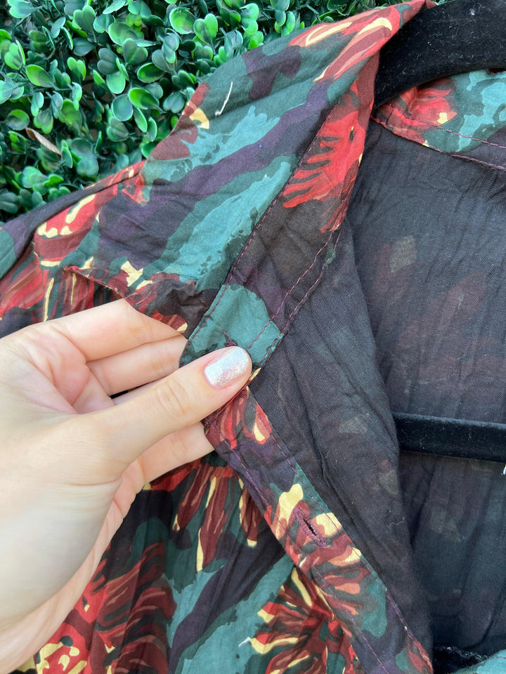 Button-down floral print SALI 100% cotton shirt dress addict fall 2024 collection green and maroon lined