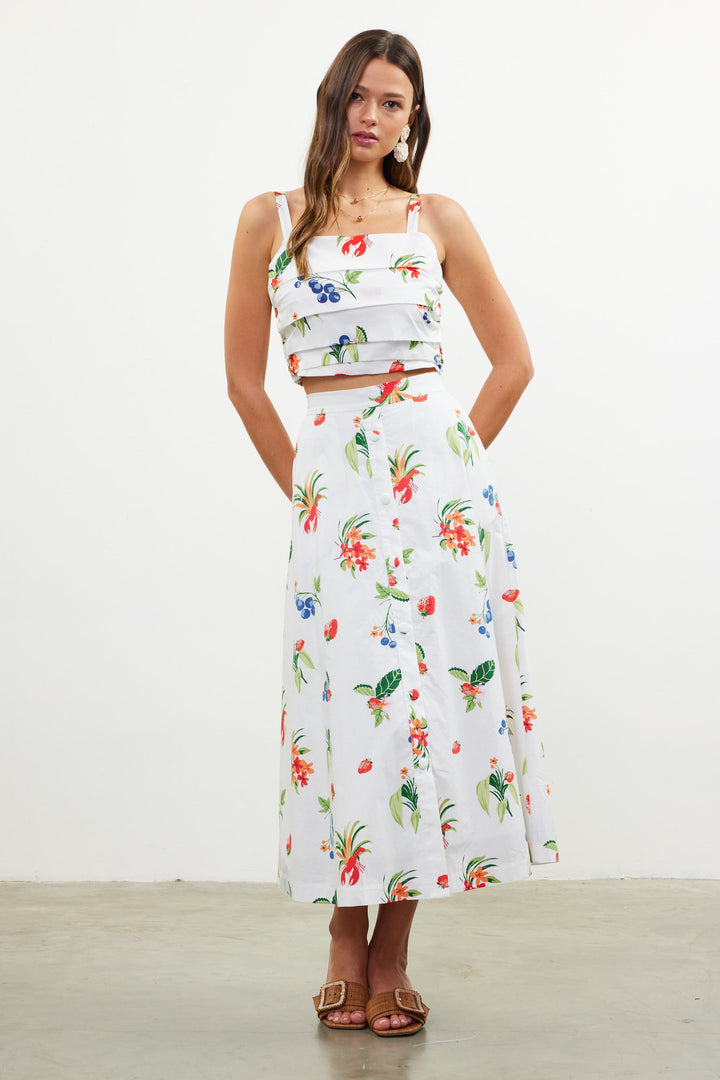 Button Up Fruit leaves Crawfish Cotton Maxi Skirt with pockets 