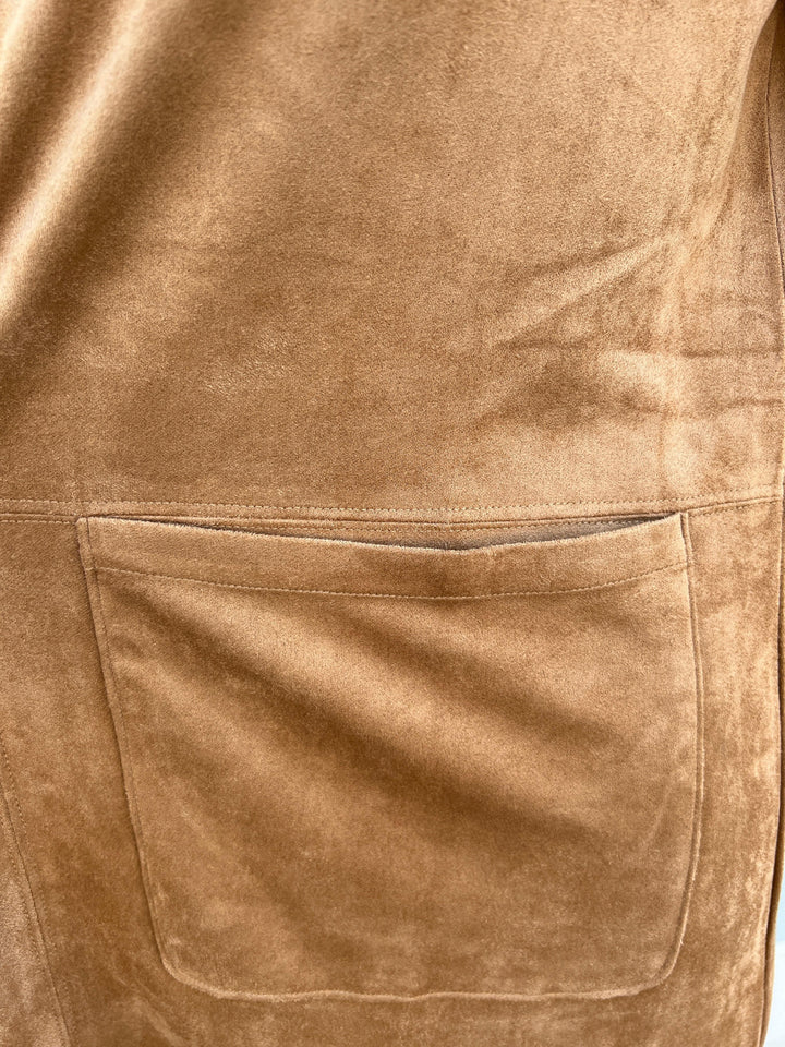 Camel Faux Suede Shift Dress with front pockets at thighs jackie o style fall winter 2024 short sleeve holiday dresses