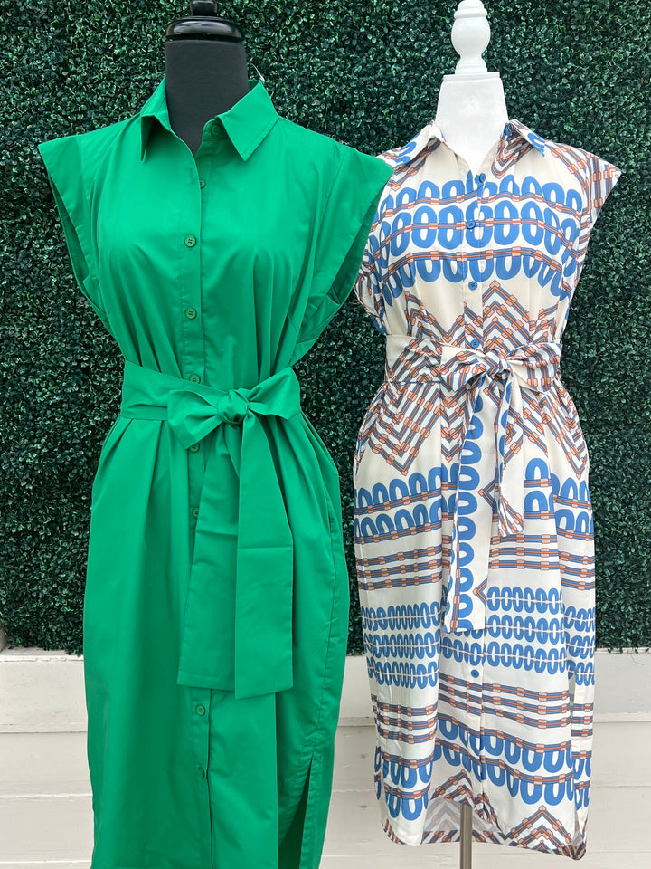 Cap Sleeve Button Down Midi Dress Kelly Green