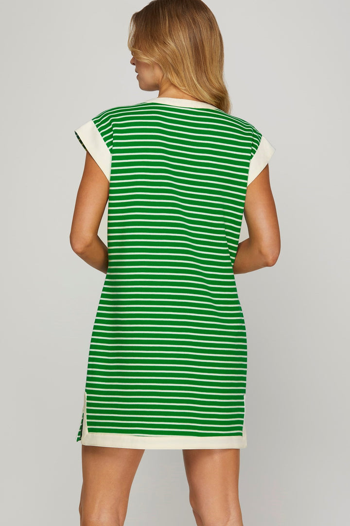 Cap Sleeve Dress she and sky green and white Stripe back 
