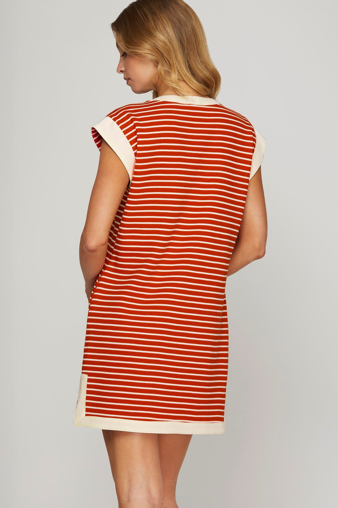 Cap Sleeve Dress she and sky red and white Stripe back 