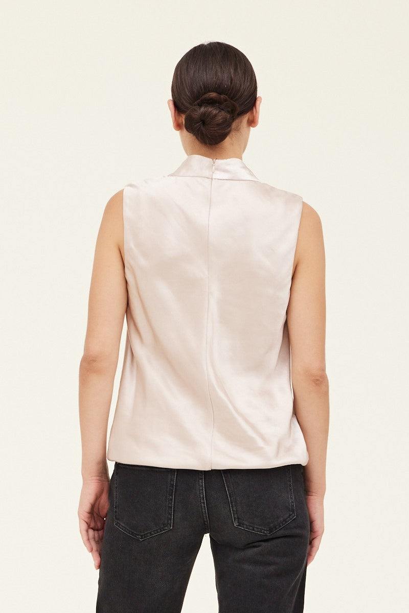 Champagne Satin Draped Top grade and gather brand womens boutique holiday blouses fall winter 2024 back of top