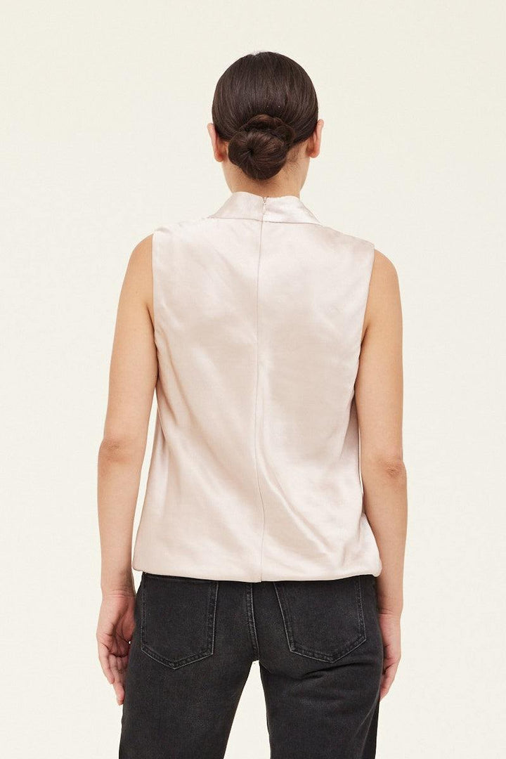 Champagne Satin Draped Top grade and gather brand womens boutique holiday blouses fall winter 2024 back of top