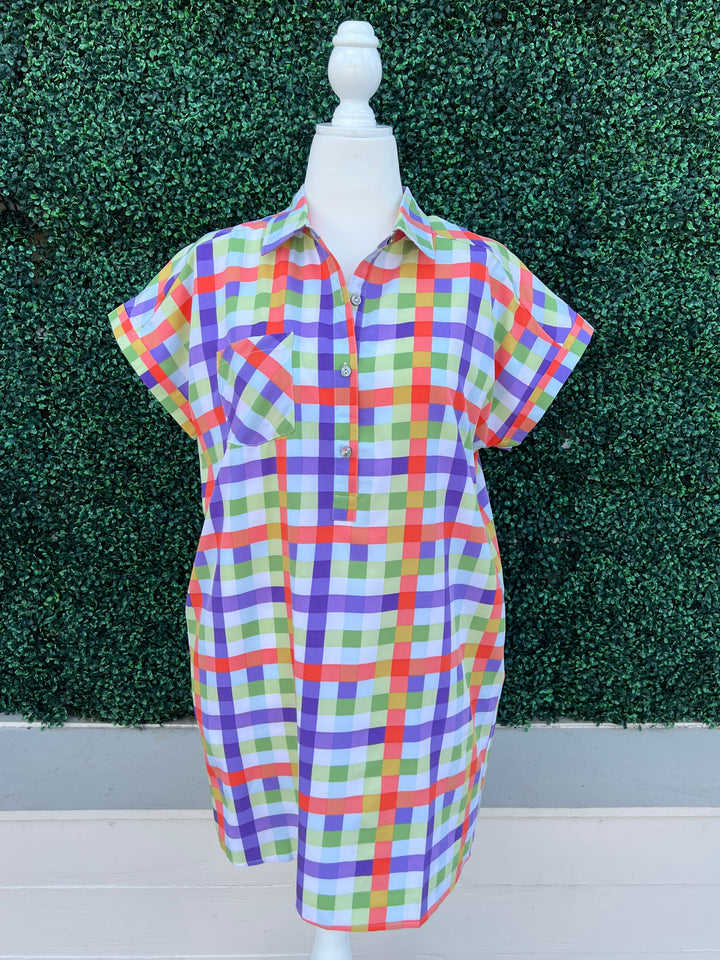 Checker Board Print Shirt Dress colorful boutique