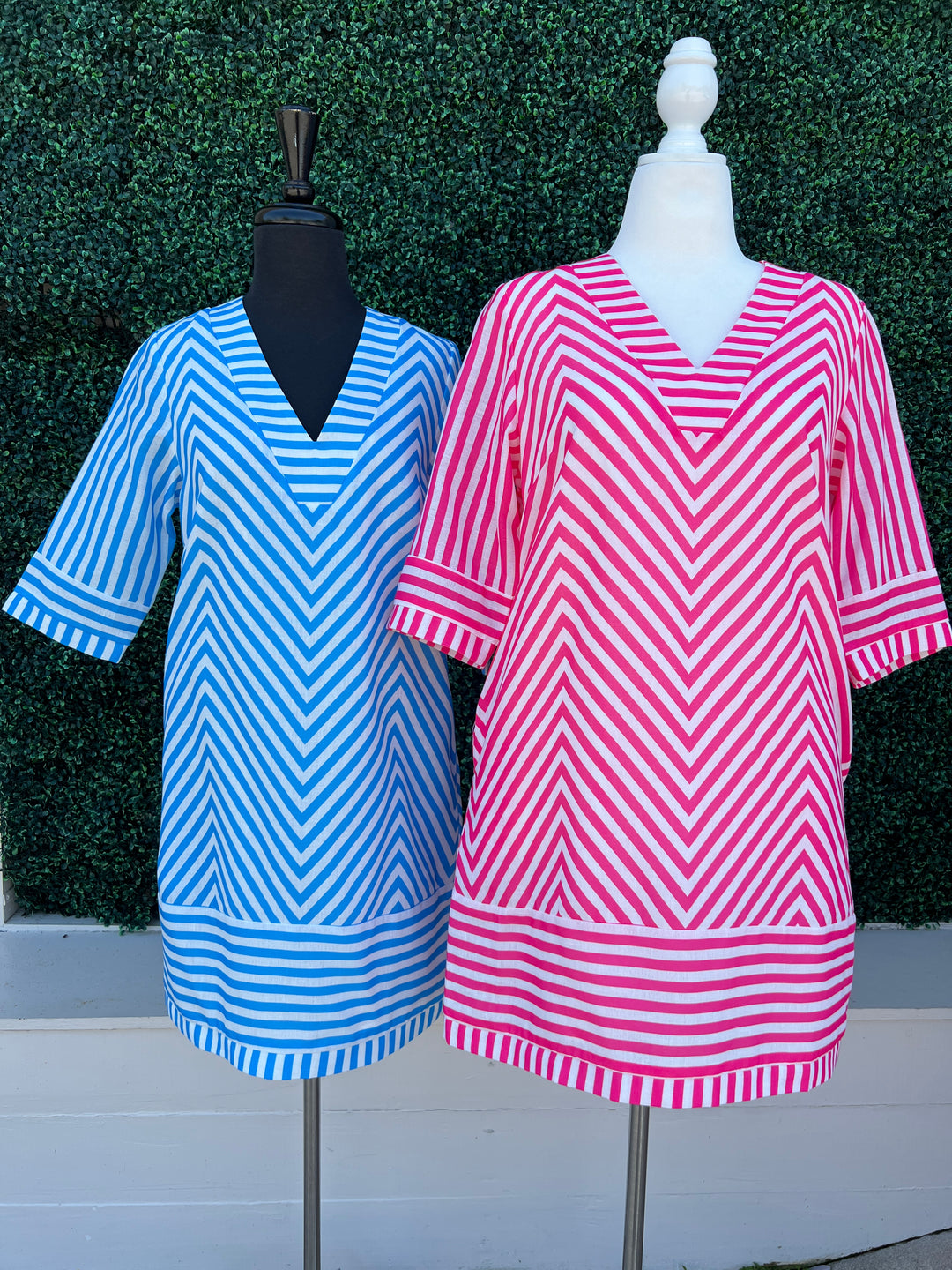 Chevron Striped Sheath Dress 3/4th sleeve blue and white or pink and white