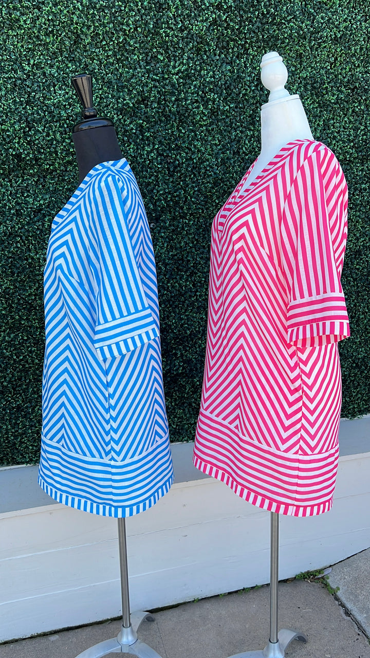 Chevron Striped Sheath Dress 3/4th sleeve blue and white or pink and white with v neck