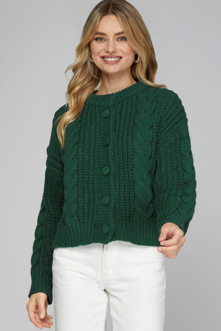 Chunky Cable Knit Cardigan sweater hunter green and festive christmas red trendy outfit ideas online boutique winter fall 2024
