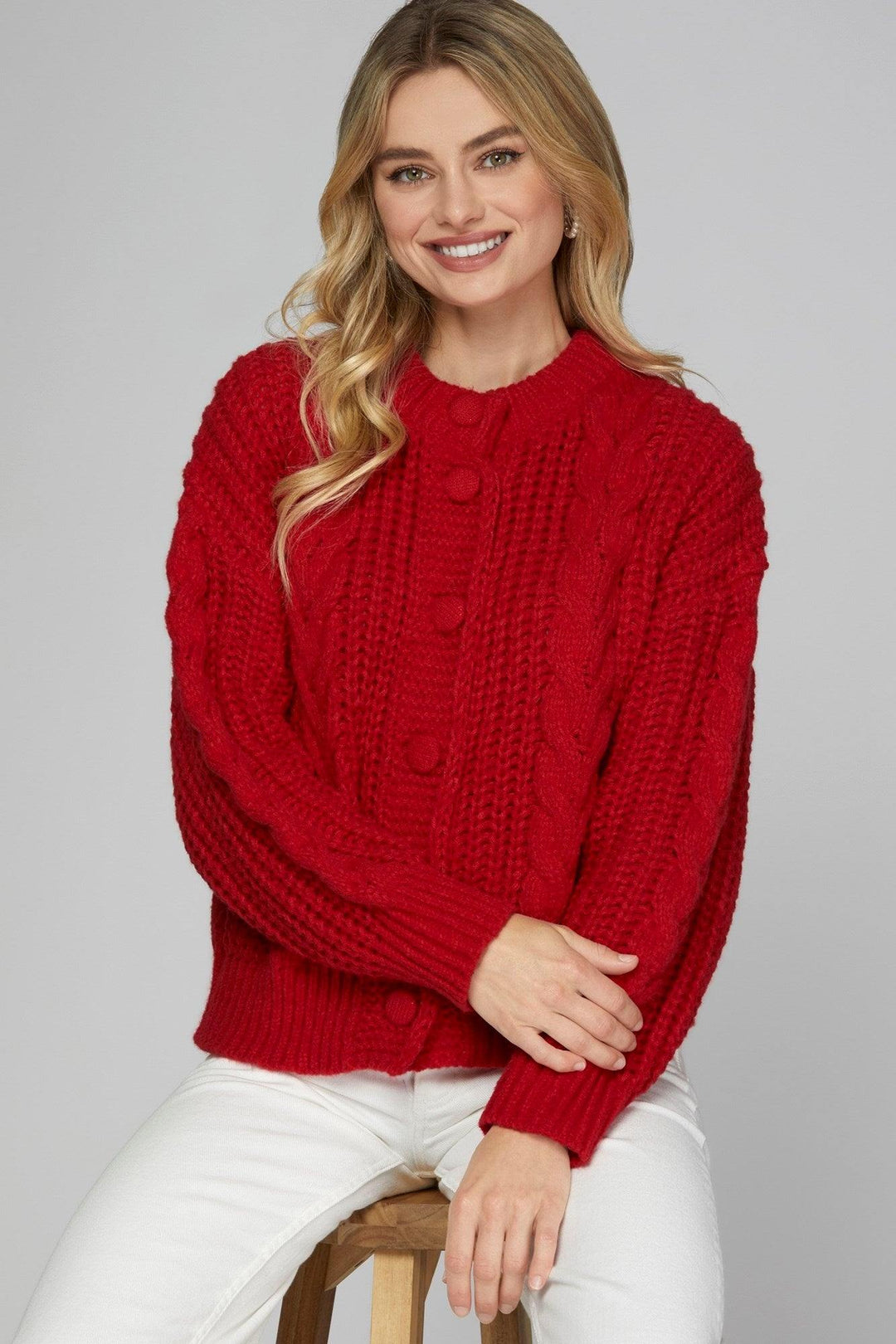 Chunky Cable Knit Cardigan sweater hunter green and festive christmas red trendy outfit ideas online boutique winter fall 2024