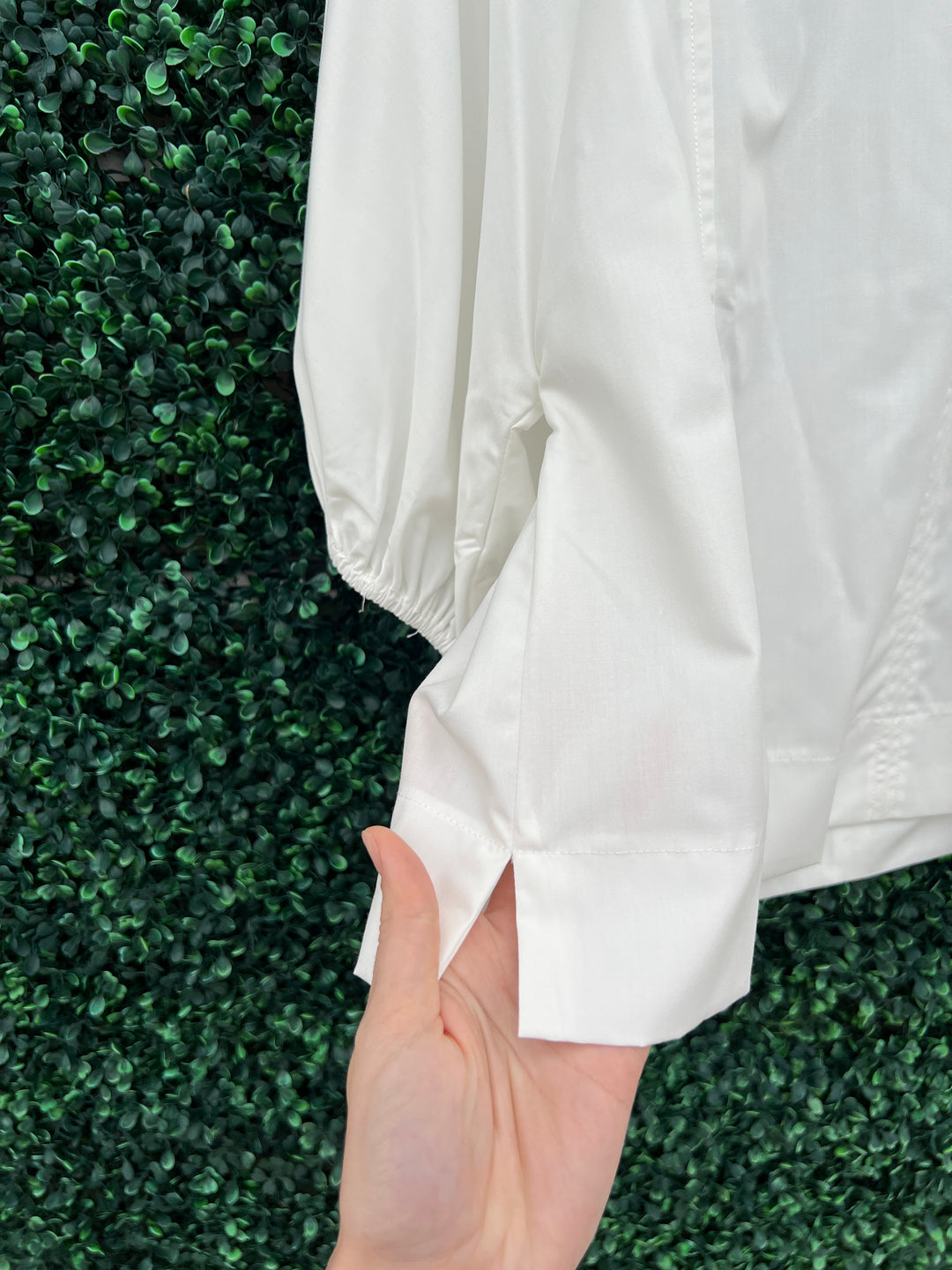 Cinched Sleeve White Tee cotton joy joy bow at sleeve slit at hem