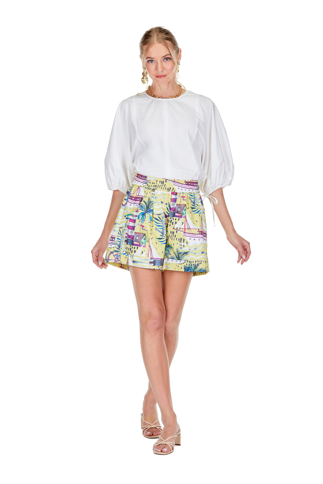 Cinched Sleeve White Tee cotton joy joy bow at sleeve slit at hem tucked in