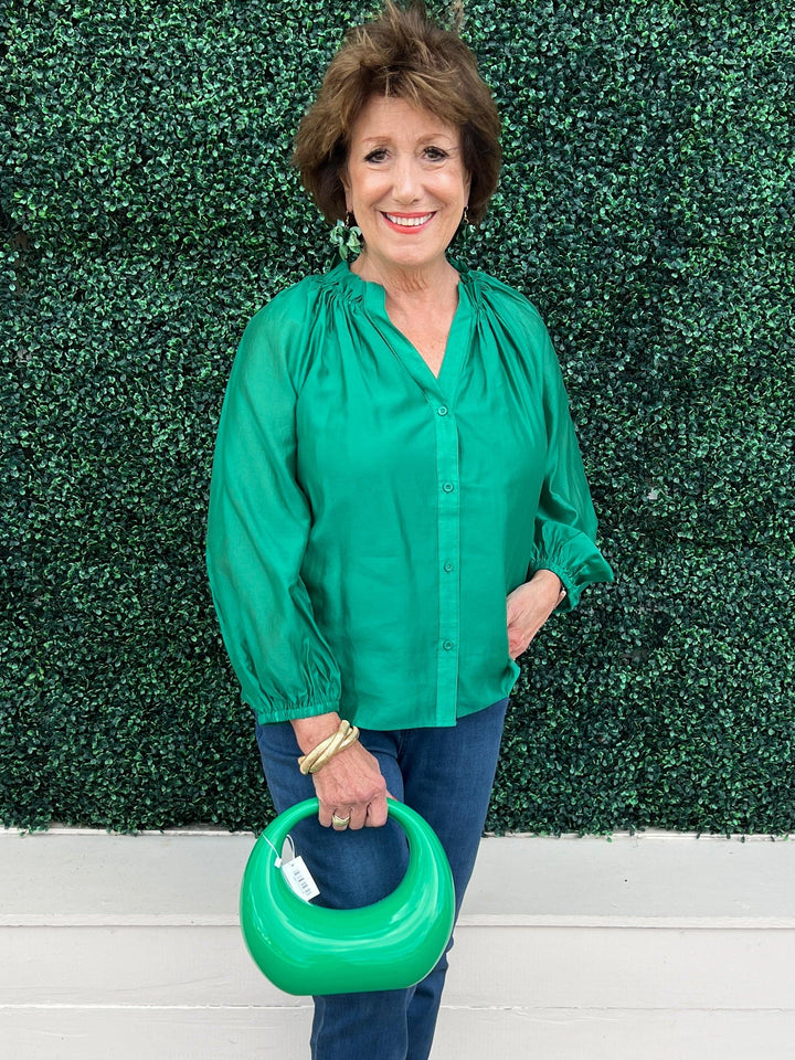 Colorful Iridescent Long Sleeve Blouse pink jade brand happy hour outfit ideas holiday womens boutique gift ideas 