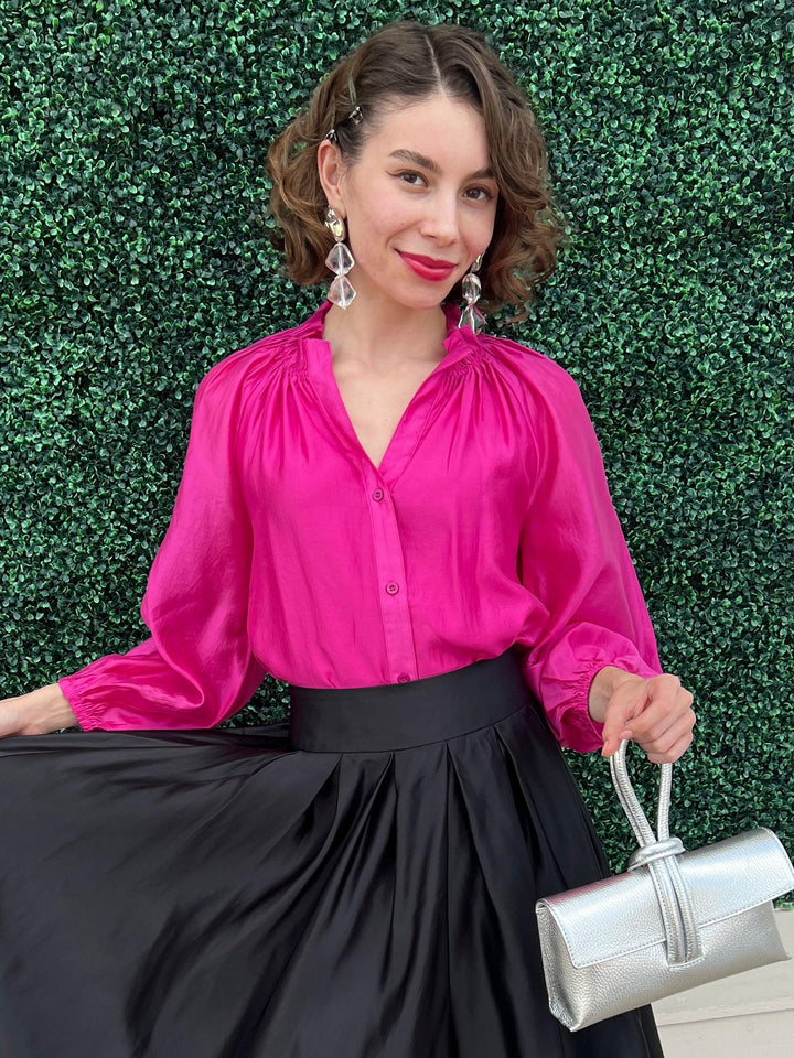 Colorful Iridescent Long Sleeve Blouse pink jade brand happy hour outfit ideas holiday womens boutique gift ideas 