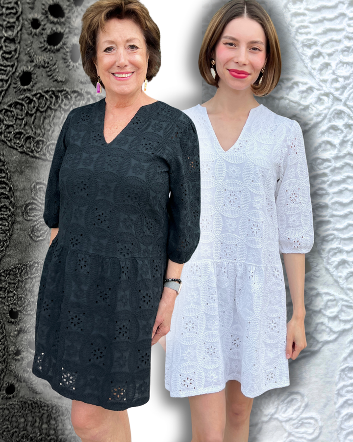 Cotton Eyelet 3/4th Sleeve Dress Southern Style Boutique black or white summer dresses
