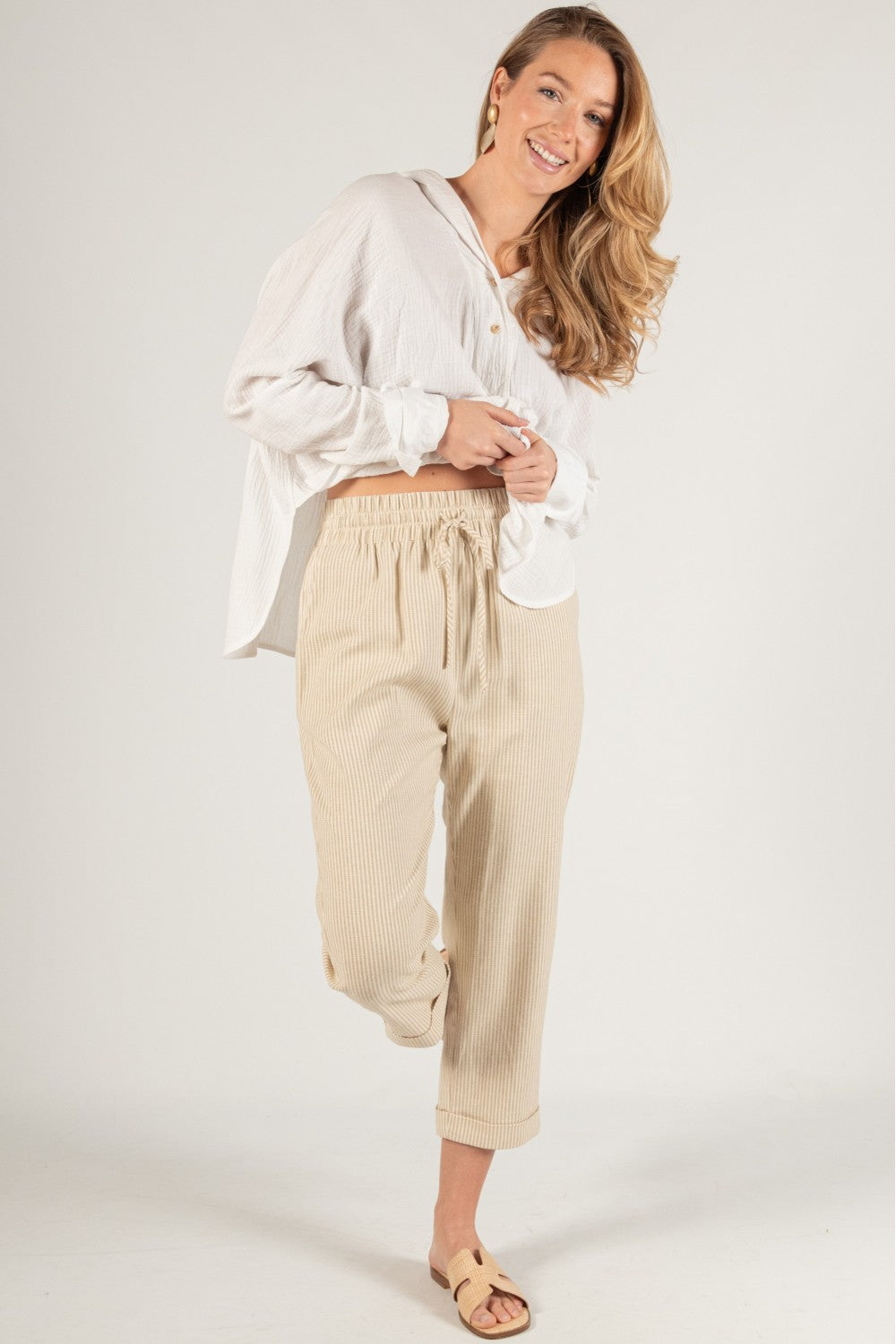 Cotton Linen Blend Twill Pinstripe Tapered Pants with drawstring