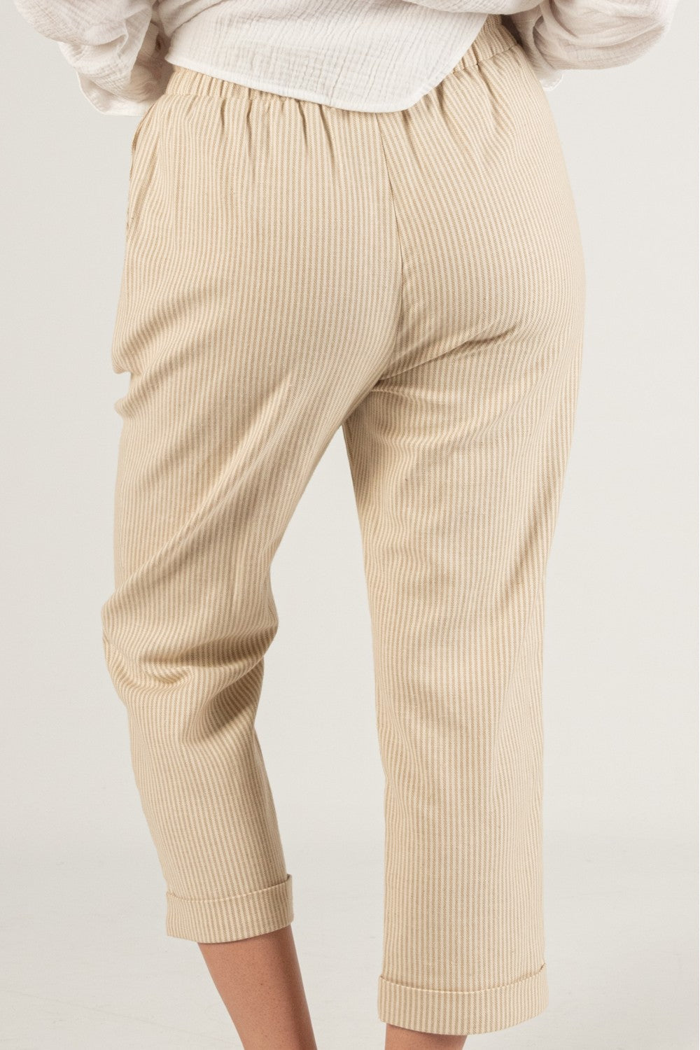 Cotton Linen Blend Twill Pinstripe Tapered Pants with drawstring Online Women&